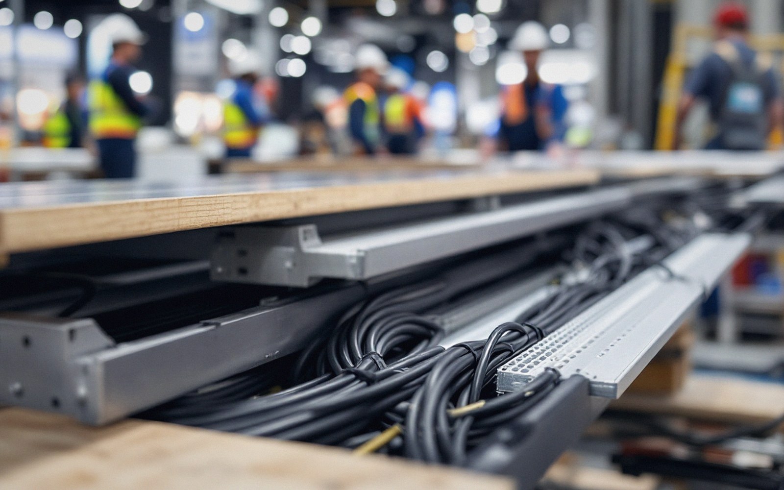 Coiled cables and metal brackets on a workbench with workers in hard hats blurred behind