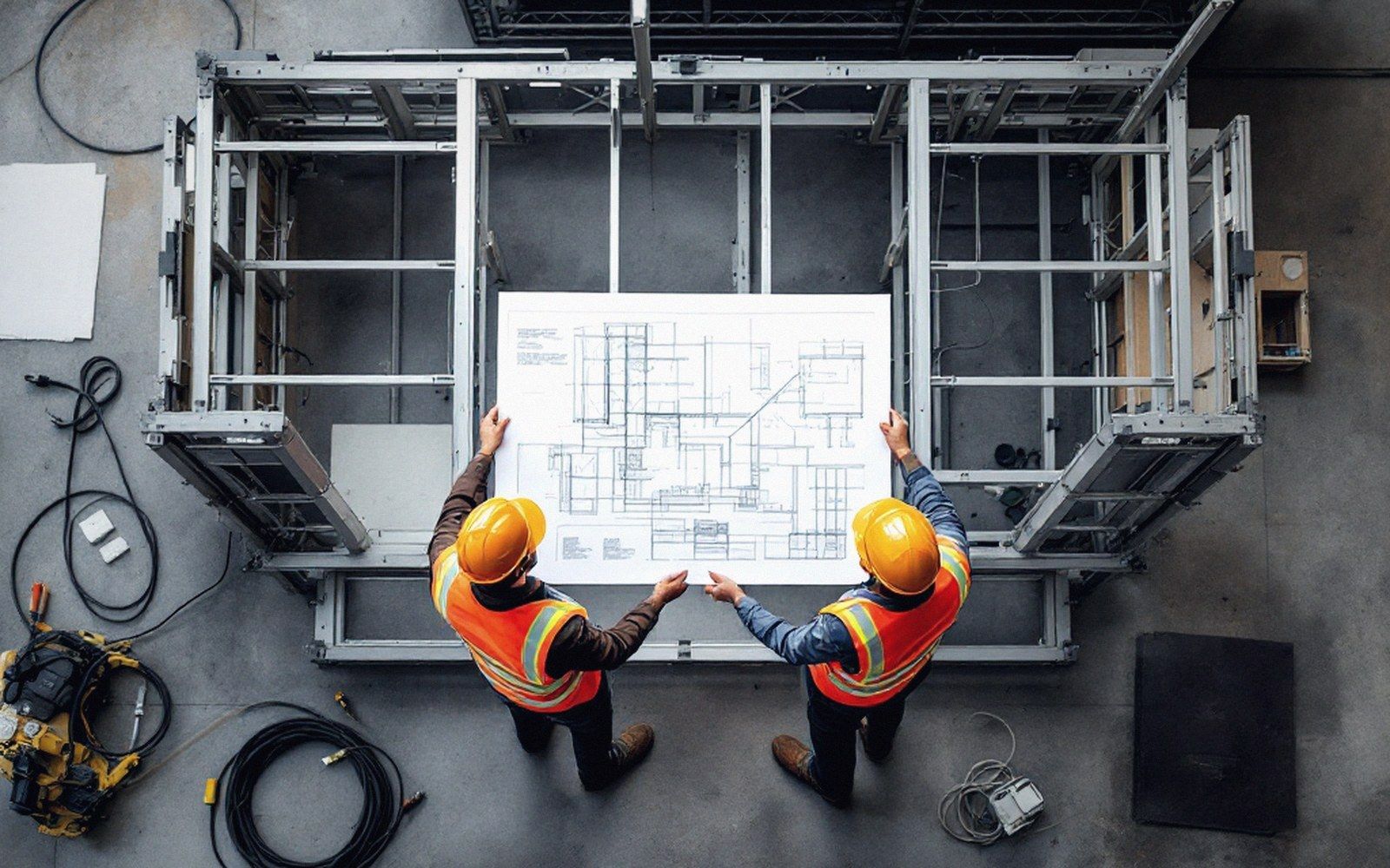 Two workers in hard hats and vests examine a blueprint inside a metal frame structure