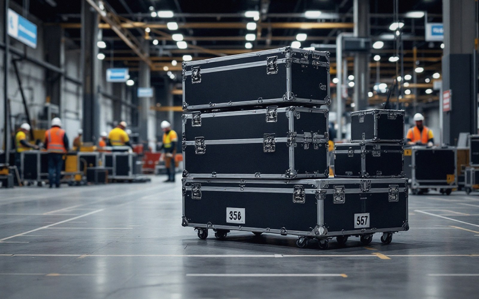 Stacked numbered flight cases on wheels in a warehouse with workers in hi-vis vests