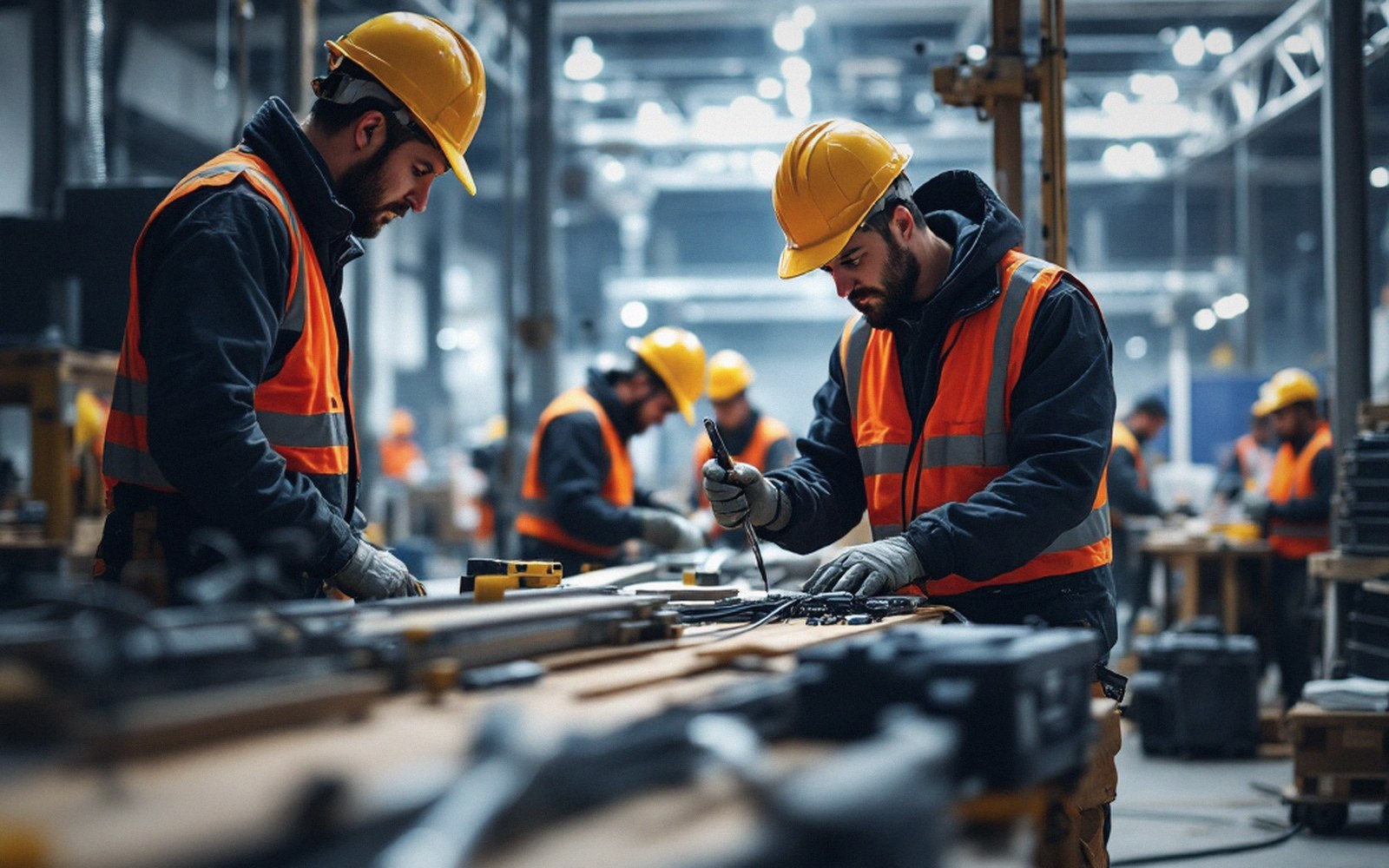 Workers in hard hats and safety vests assemble cable runs at a factory bench