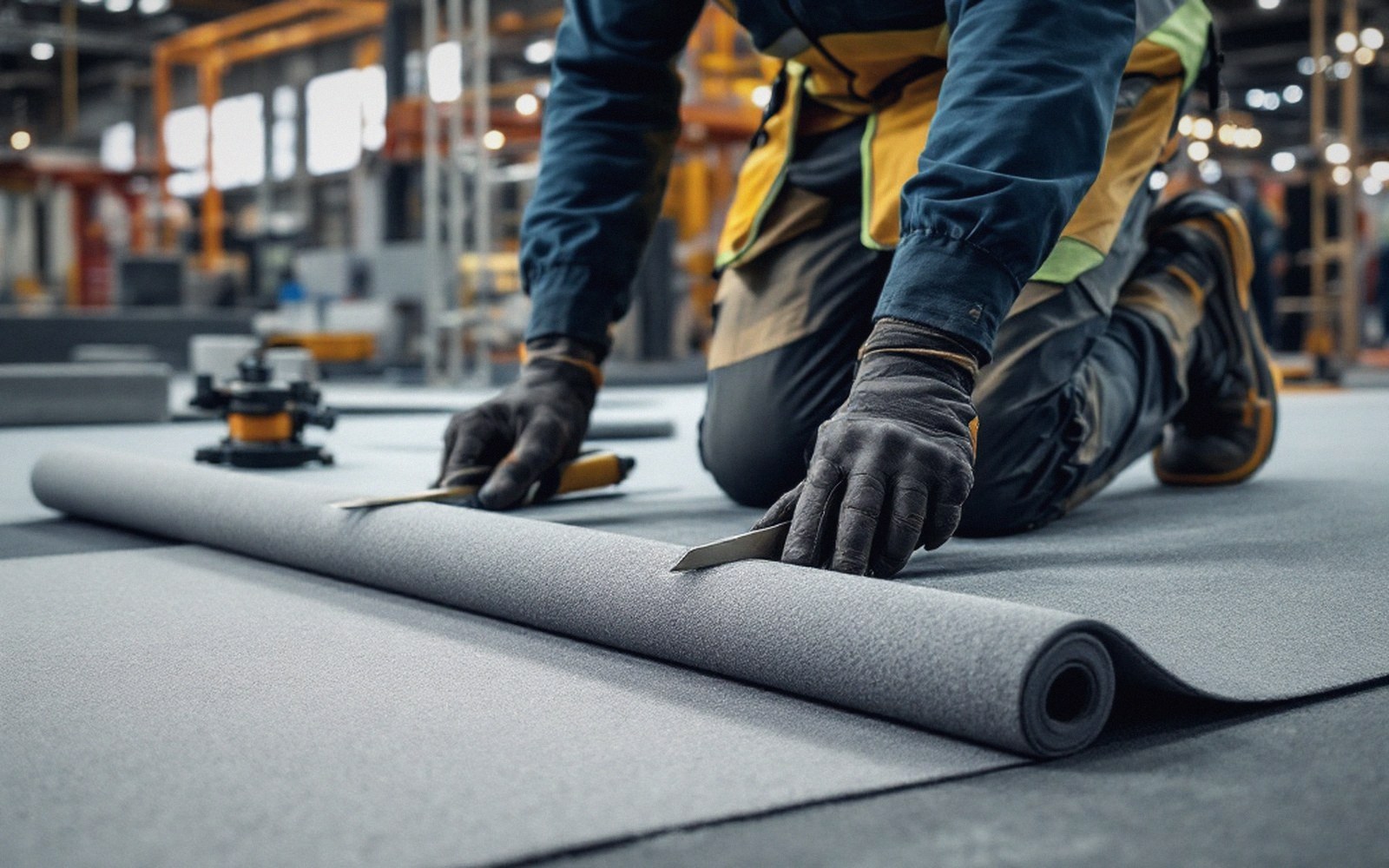 Kneeling worker in gloves unrolls gray carpet flooring in an industrial warehouse