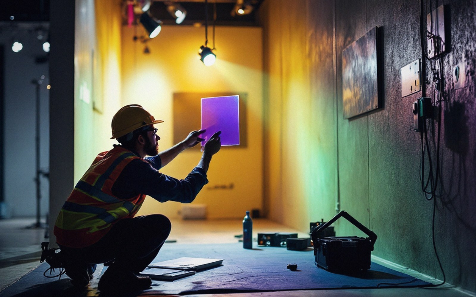 Worker in hard hat and safety vest holds a purple gel sample against gallery lighting