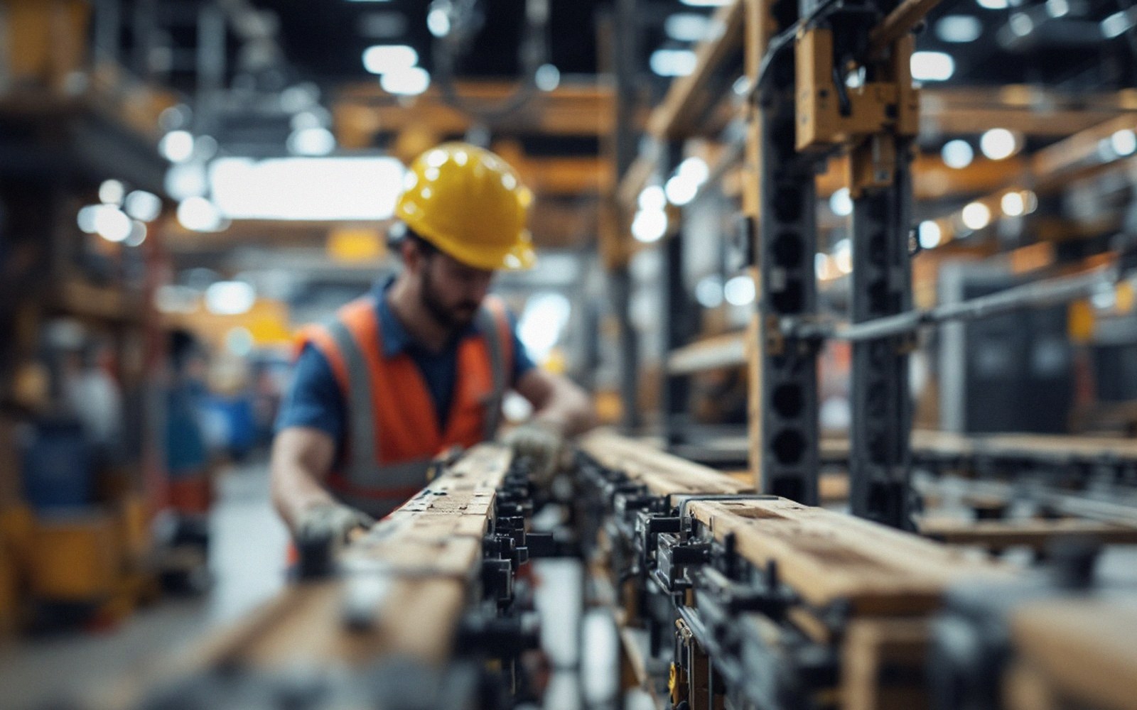 Worker in a hard hat and safety vest inspects wooden flight case frames on a factory line