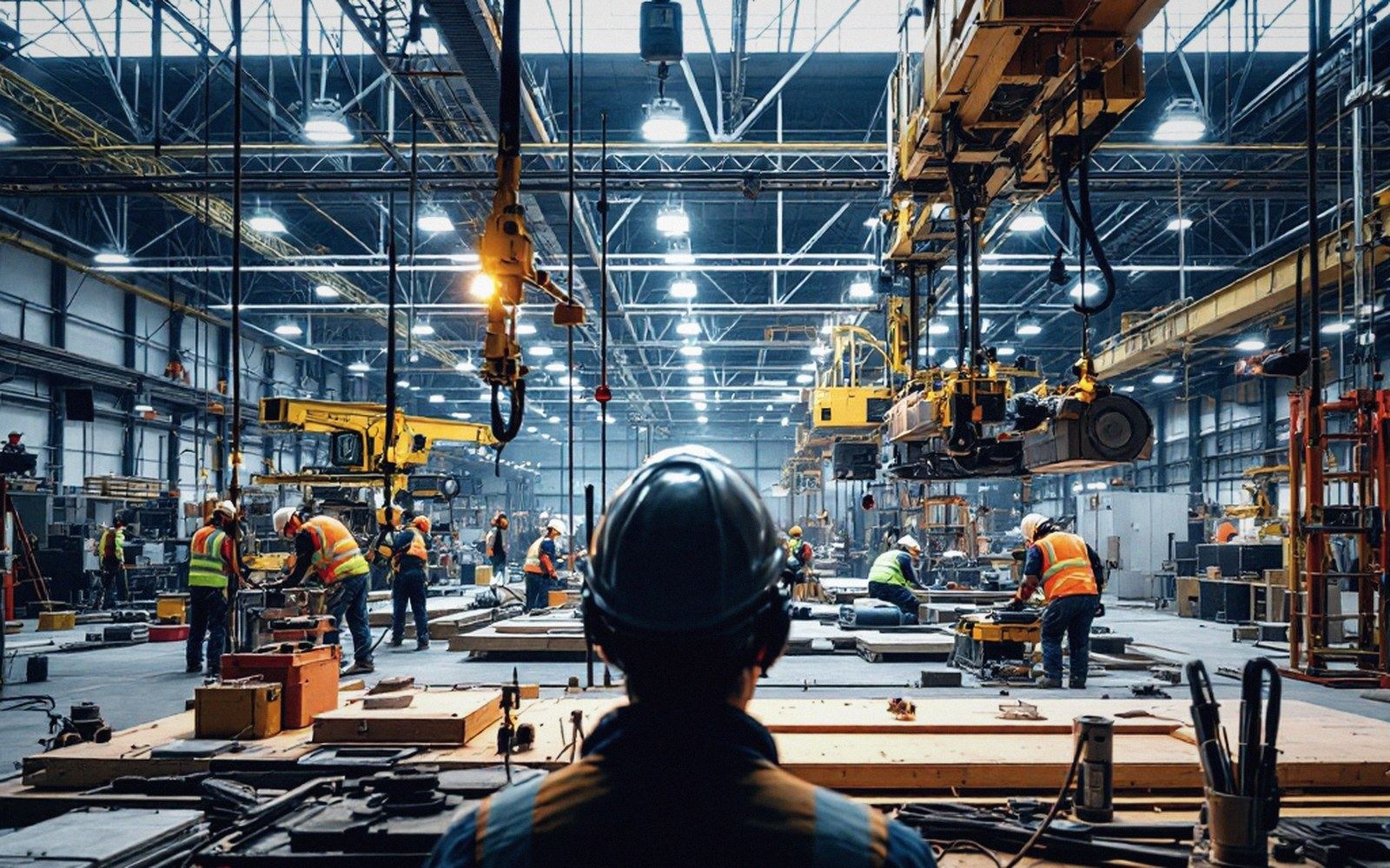Workers in hard hats and safety vests operate overhead crane equipment in a factory