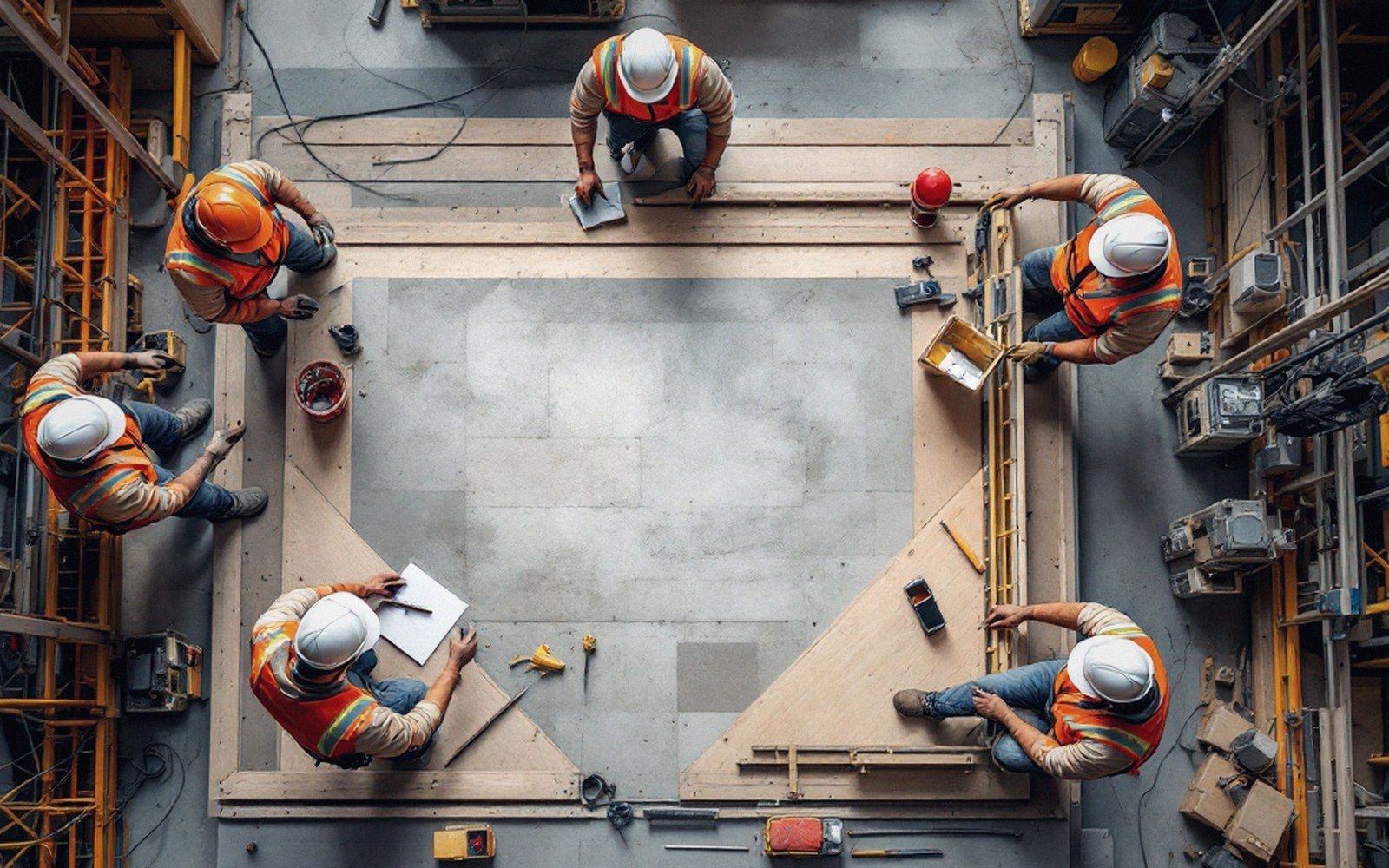 Overhead view of construction workers in hard hats framing a wooden deck platform