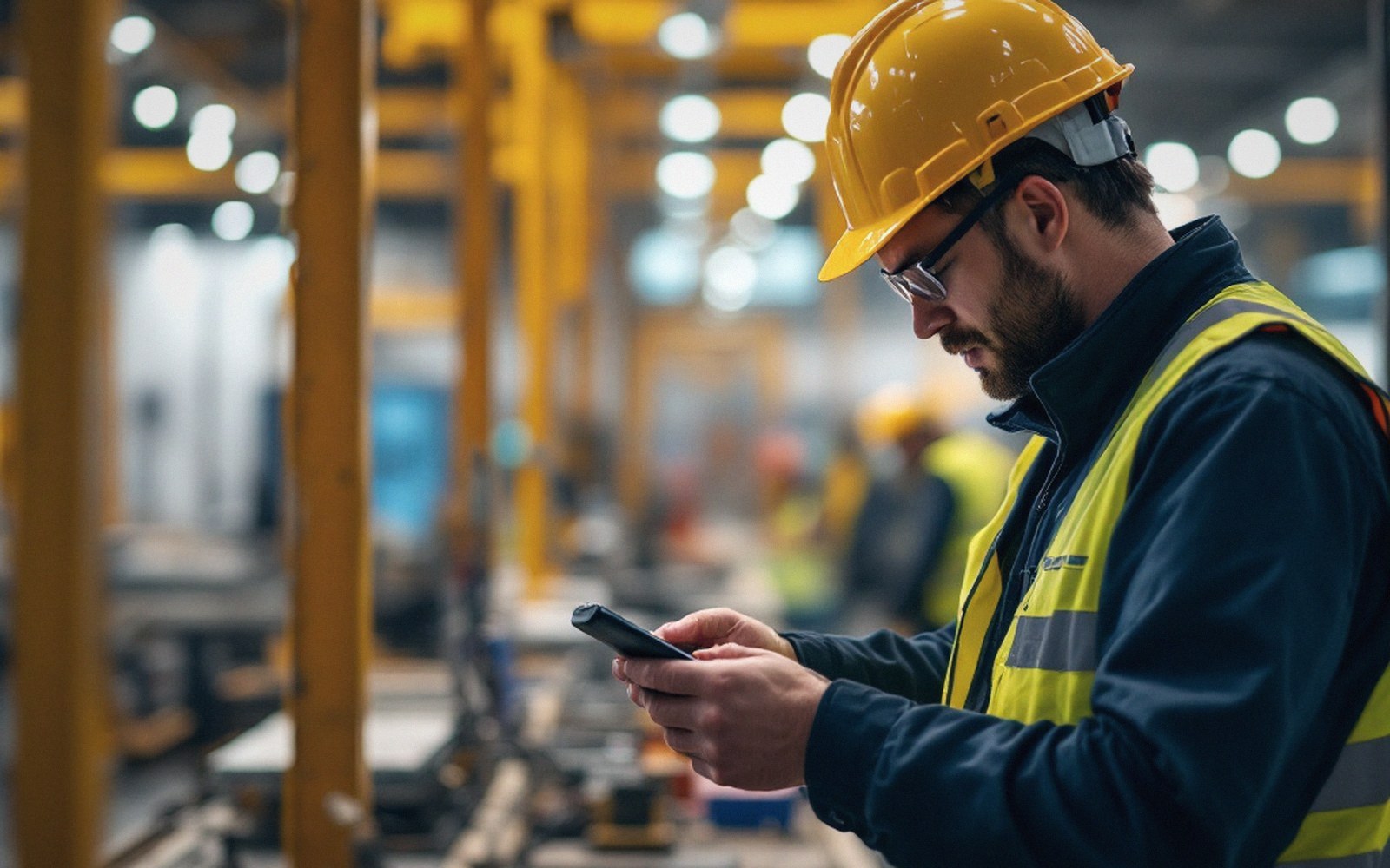 Worker in hard hat and safety vest checks a handheld device on a factory floor