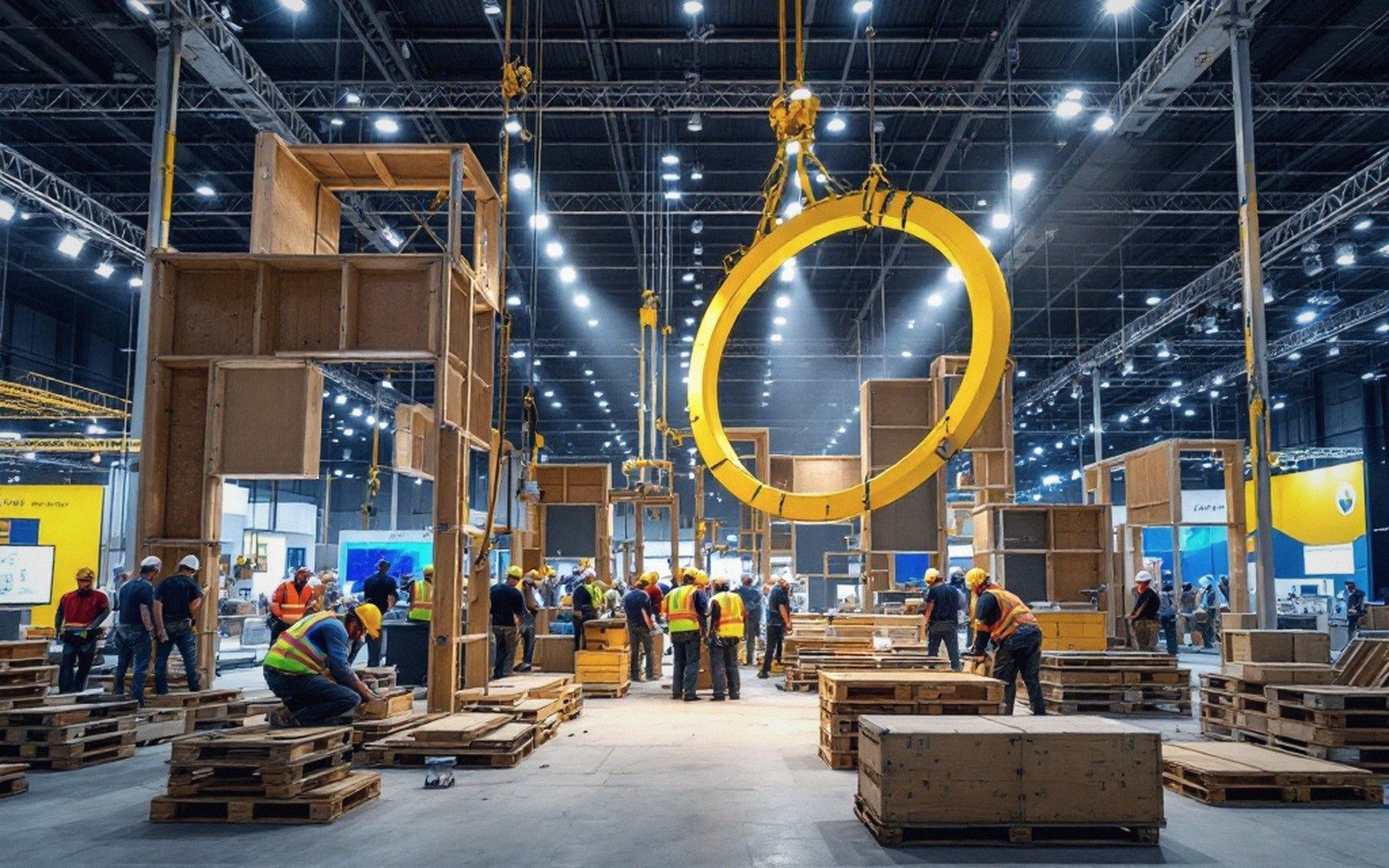 A large yellow ring suspended from crane cables above workers assembling wooden trade show booths