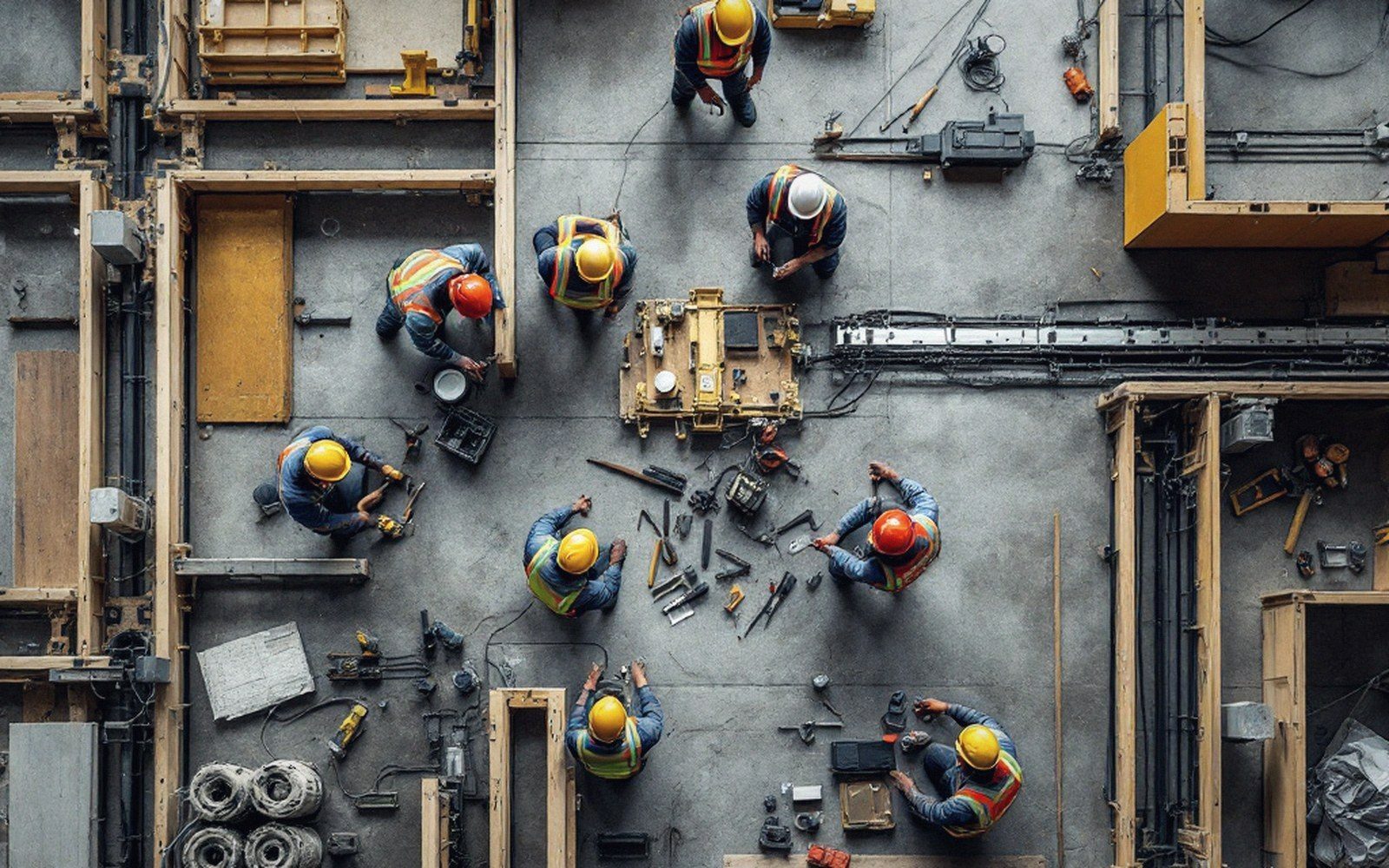 Overhead view of construction workers in hard hats arranged around tools and equipment