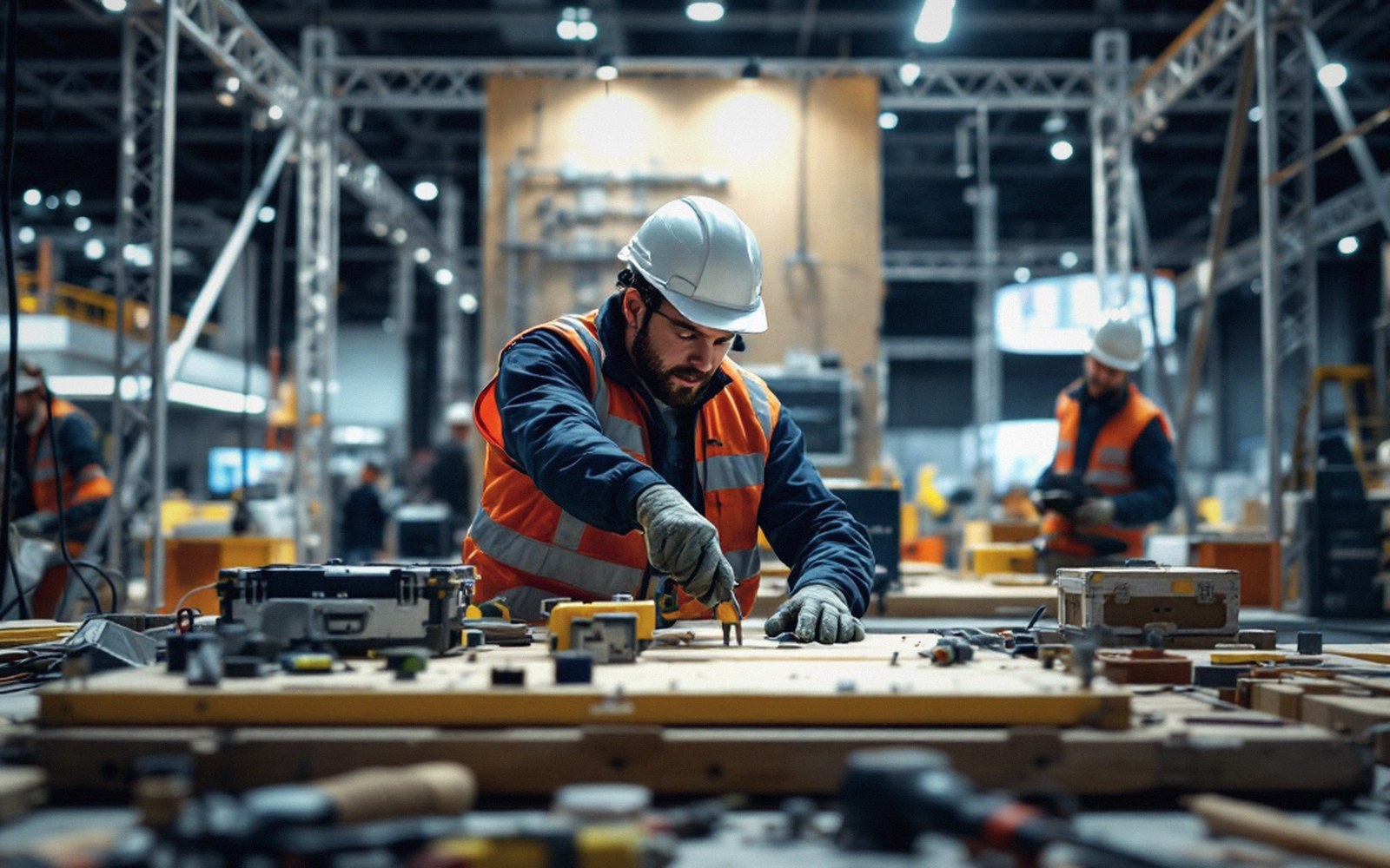 Worker in hard hat and safety vest assembling a raised exhibition floor deck with hand tools