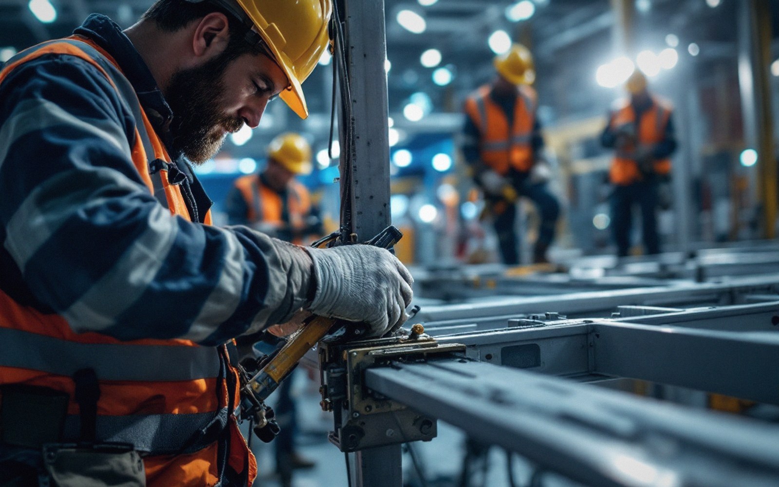 A crew bolting a modular frame together under work lights