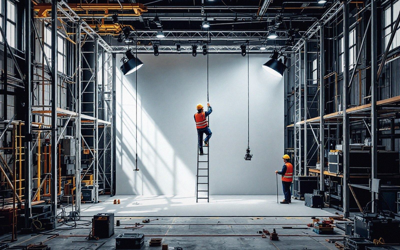 A rigger on a ladder aiming a spotlight